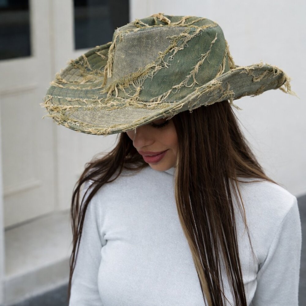 Vintage Style Distressed Denim Cowboy Wide Brim Fedora Hat Women Western